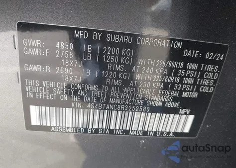 2024 Subaru Outback Limited из США, поврежденный, VIN 4S4BTANC8R3252580